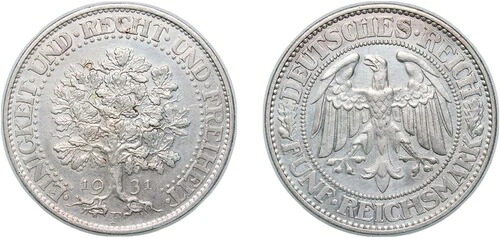 ドイツ 1931 F 5 ライヒスマルク 銀貨 500 AU｜WORLD RESOURCE【KING店】