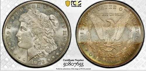 1879年 S モルガン・ダラー MS 63 PCGS - レインボーリボントナー - ゴールドシールド付き｜WORLD RESOURCE【KING店】