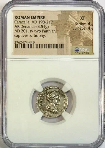 198-217年 カラカラ 古代ローマ銀貨 ローマ AR デナリウス RIC 54b NGC XF｜WORLD RESOURCE【KING店】