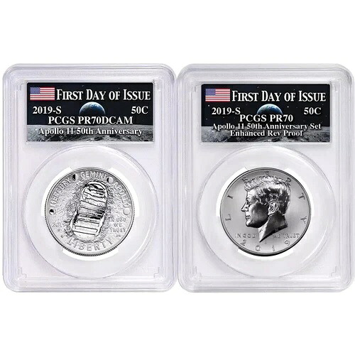 2019-S 50セント アポロ11号 50周年記念 ハーフドル 2枚セット PCGS PR70 FDOI アポロラベル｜WORLD RESOURCE【KING店】