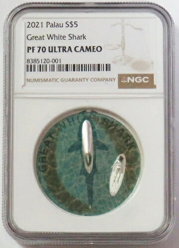 2021年 シルバー パラオ $5 ホホジロザメ カラー 1オンス コイン NGC PF 70 UC