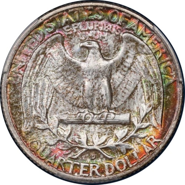 1958年 D ワシントン クォーター PCGS MS66 両面レインボートーン