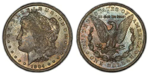1904-O 1ドルモルガン銀貨 - PQ 斑点模様の虹色調 - NGC MS 63 - B2034