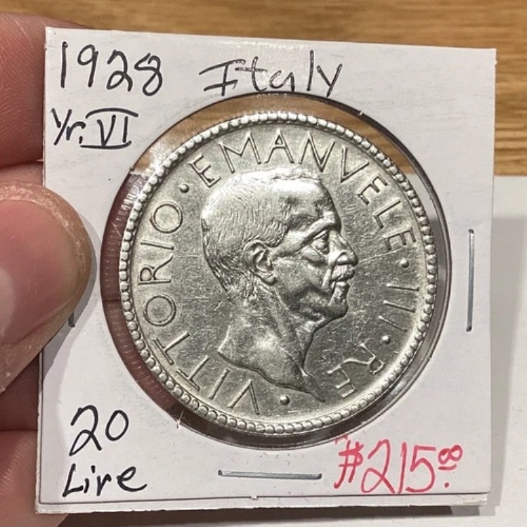イタリア 1928年 20リラ銀貨 KM 59 Au+