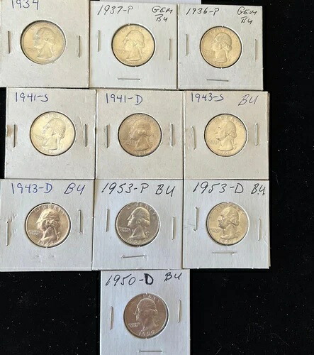 10 BU ワシントン クォーター ブラストホワイトシルバー 宝石付き 1934、36、37年刻印入り