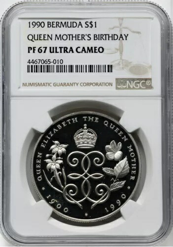 ビームアダ シルバー 1ドル 1990年「エリザベス2世誕生日記念 NGC: PF 67 UCAM. #C426