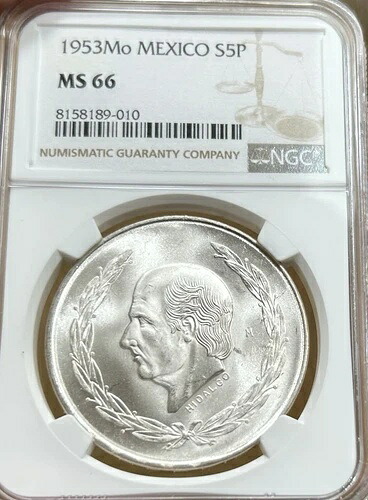 1953年 モナコ メキシコ シルバー 5ペソ NGC MS66 S5P ブライトホワイト
