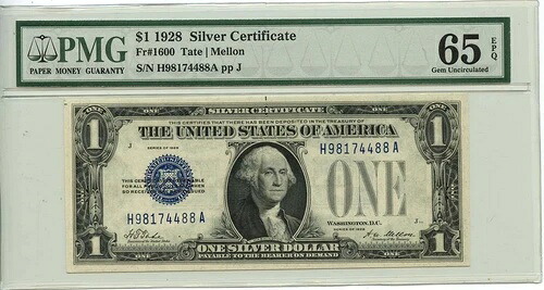 1928年 1ドル銀貨証明書 ブルー・テート・メロン Fr# 1600 PMG GEM 65 EPQ