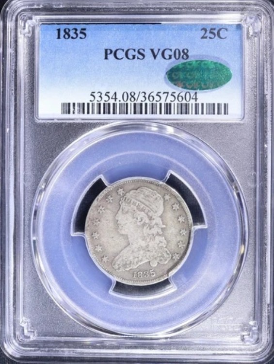1835 年製キャップド バスト クォーター、PCGS グレード VG08、CAC ステッカー!｜WORLD RESOURCE【KING店】