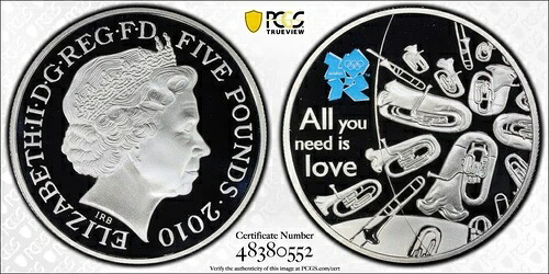 2010年 イギリス 銀貨 5ポンド 楽器、ビートルズ - PCGS PR70 DCAM