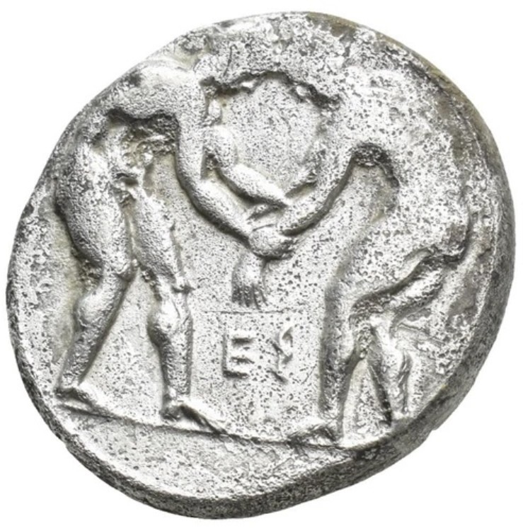 ギリシャ、アスペンドゥス（紀元前380年頃 - 紀元前325年頃）銀スタテル - レスラー/スリンガー競技コイン