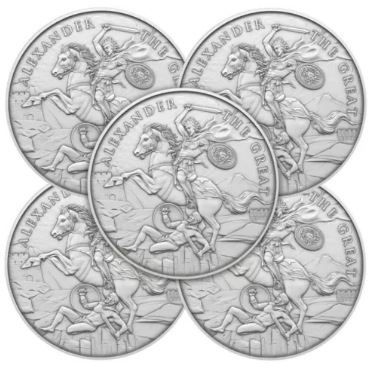5個セット - 1トロイオンス アレキサンダー大王デザイン .999 純銀ラウンド