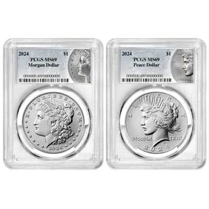 2枚セット - 2024年 1ドル モルガン&ピース シルバードル PCGS MS69 モルガン&ピースラベル|WORLD RESOURCE【KING店】
