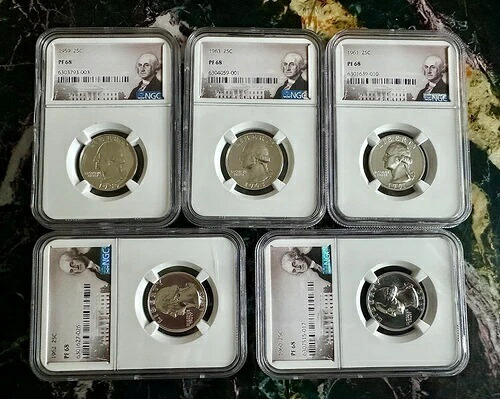 1959年、60年、61年、62年、1963年 5枚セット プルーフ ワシントン クォーター - すべて NGC グレード PF68｜WORLD RESOURCE【KING店】