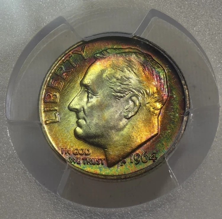 1964年 D ルーズベルト ダイム PCGS MS66+ エレクトリックレインボートーン トーニング シルバーコイン 10セント|WORLD RESOURCE【KING店】