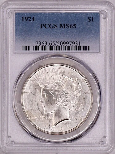 1924-P ピース シルバー ダラー PCGS MS65 - ブラスト ホワイト 派手な光沢 新品グレーディング!|WORLD RESOURCE【KING店】