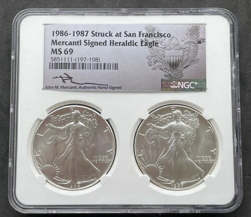 1986-1987 シルバーイーグル 2枚セット NGC MS 69 メルカンティ サイン入り - サンフランシスコ造幣局で鋳造
