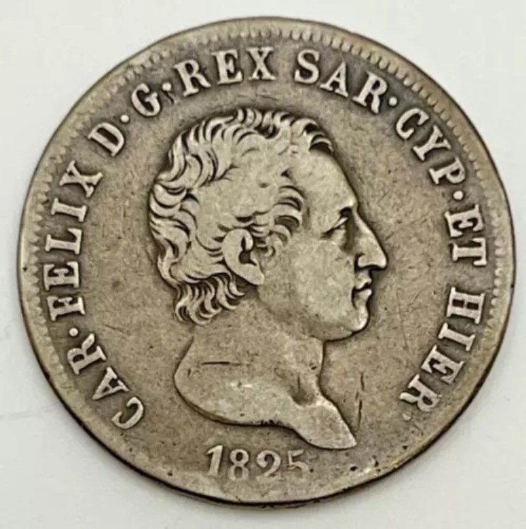 1825年 イタリア諸州 ピエモンテ王国 サルデーニャ 5リラ .900 銀貨 KM#116 フェリックス｜WORLD RESOURCE【KING店】 103,950円