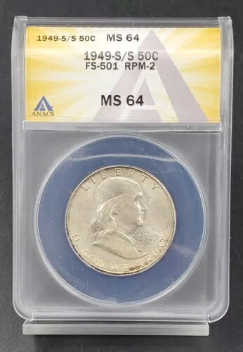 1949 S フランクリンシルバーハーフドルコイン ANACS MS64 FS-501 RPM-2 バラエティトナー RE|WORLD RESOURCE【KING店】