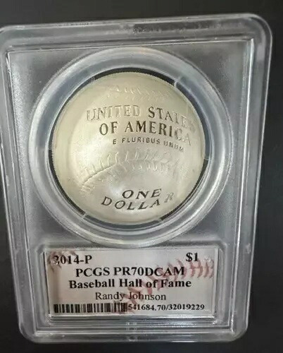 2014-P PCGS PR70DCAM ランディ・ジョンソン直筆サイン入り野球殿堂入り1ドル銀貨