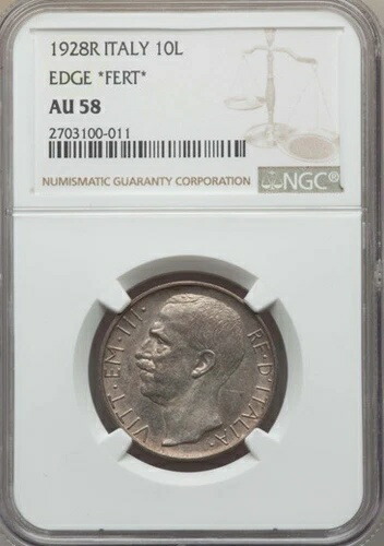 イタリア王国 1928-R 10リラ銀貨 ほぼ未流通 NGC AU-58認定