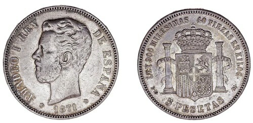5ペセタ銀貨 / 銀貨。硬貨。マドリード。アマデオ1世。1871年*18-75年。XF。｜WORLD RESOURCE【KING店】