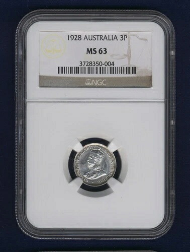 オーストラリア 1928年 スリーペンス銀貨、未流通品、NGC MS-63認定