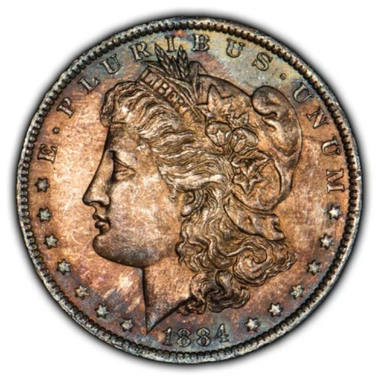 1884-O 1ドルモルガン銀貨 - ネオンレインボートーニング - BU - D4074|WORLD RESOURCE【KING店】