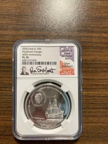 2020年 クック諸島 純銀 5ドル メイフラワー号 NGC PL 70 ドン・エバーハートのサイン入り