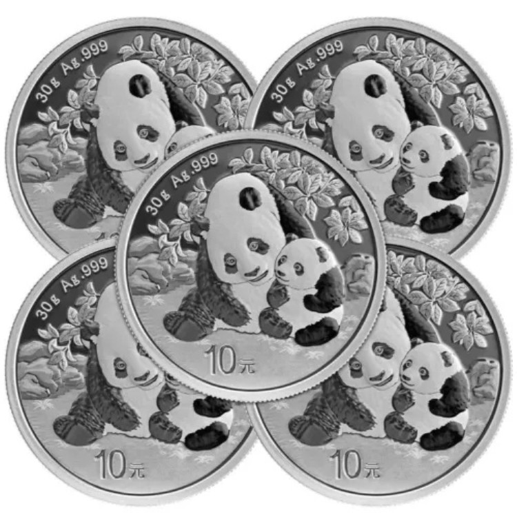 5枚セット - 2024年 10元銀貨 中国パンダ 0.999 30g ブリリアント 未流通