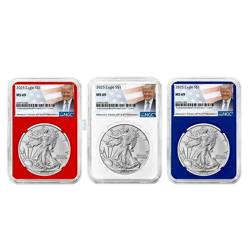 3点セット - 2025年 1ドル 1オンス アメリカンシルバーイーグル NGC MS69 トランプラベル レッド ホワイト ブルー