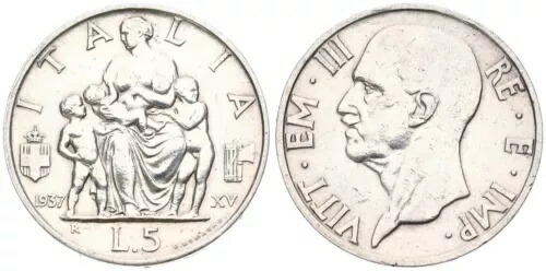 イタリア - イタリア 5リラ、1937年 - 銀0.835、5g、直径23mm Km#79