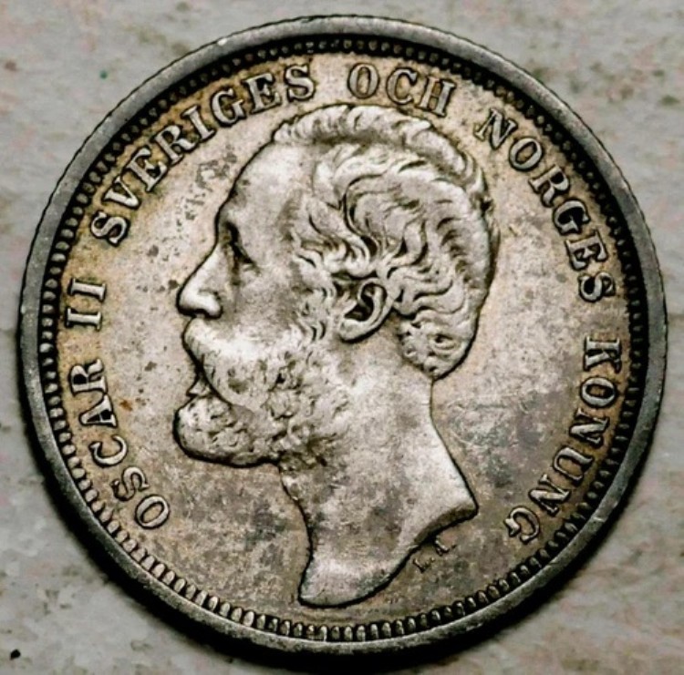 1889年 スウェーデン 銀貨 1クローナ（「NORGES」の「NO」の下の髪の毛）