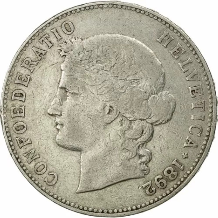 [#453752] コイン、スイス、5フラン、1892年、ベルン、VF、銀、KM:34