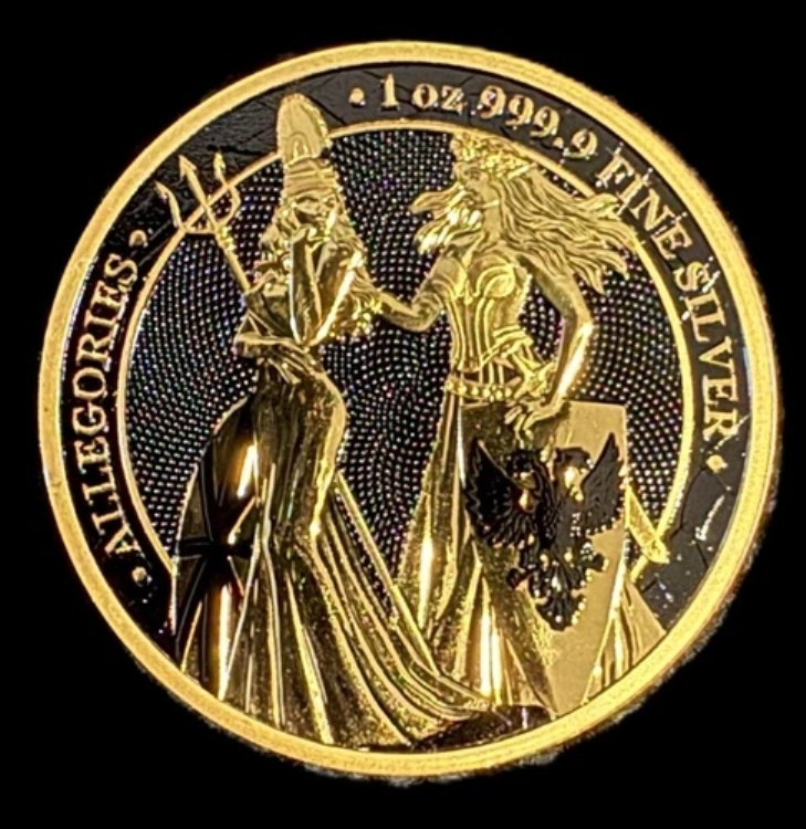 2019年 ブリタニア・ゲルマニア 1オンス .999 銀貨(金と黒のニス仕上げ)
