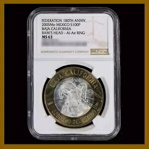 メキシコ 100ペソ バイメタル銀貨、2005年 バハカリフォルニア 180th NGC MS 63