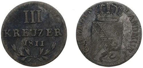 旧ドイツ諸州 - 1811年 3クロイツァー銀貨 0.312、1.42g、直径18mm Km#148