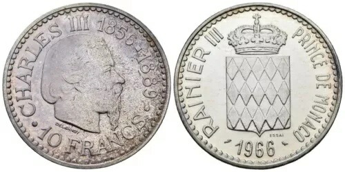 モナコ - 10 フラン 1966 - エッサイ - シルバー 0.900、25g、? 37mm