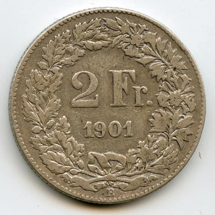 スイス 2フラン 銀貨 1901 B Km 25