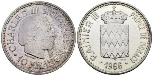 モナコ - 10 フラン 1966 - エッサイ - シルバー 0.900、25g、? 37mm|WORLD RESOURCE【KING店】