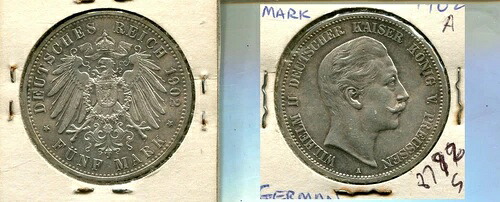 1902年 ドイツ 5マルク銀貨 AU BU 8792S