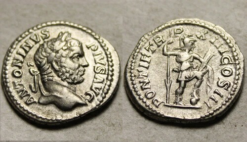 希少な本物の古代ローマ銀貨デナリウス 210 カラカラ ヴィルトゥス パラゾニウム