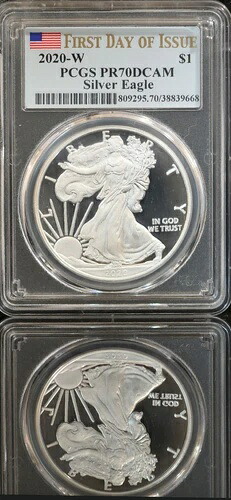 2020-W プルーフ シルバー イーグル 1ドル PCGS PR70 DCAM 発行初日送料無料 78,650円