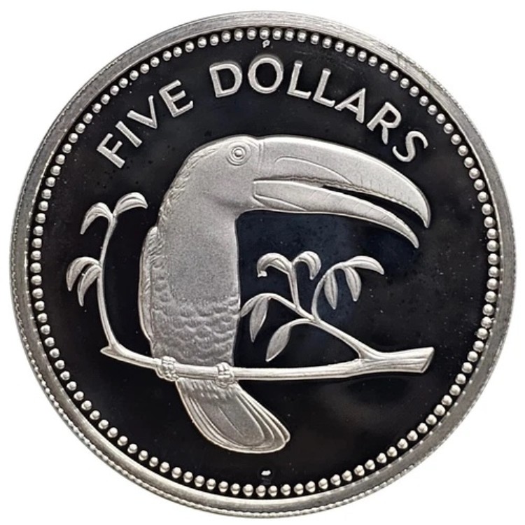 1974年 イギリス連邦ベリーズ銀貨 5ドル キバシオオハシ銀貨 SV925 1974年 イギリス連邦ベリーズ銀貨 5ドル キバシオオハシ銀貨 SV925