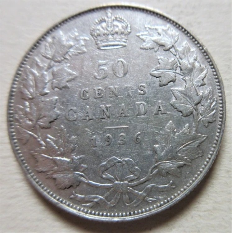 1936年カナダ シルバー ハーフドル硬貨。ベターグレード キーデート (RJ990)