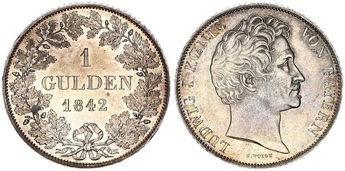 1グルデン 1842 バイエルン王ルートヴィヒ1世 ほぼBu 114036