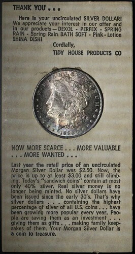 1885-O モルガン銀貨 1960年代にトーン加工済み TIDY HOUSE 段ボールホルダー ZJCUR