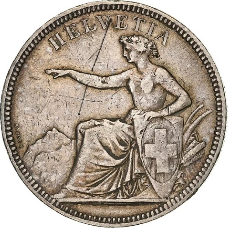 [#1212517] スイス、5フラン、1874年、ブリュッセル、銀、VF、KM:11