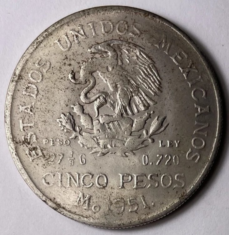 1951年 M メキシコ シルバー 5ペソ イダルゴ メキシココイン 鷲の罠 蛇のくちばし D131|WORLD RESOURCE【KING店】