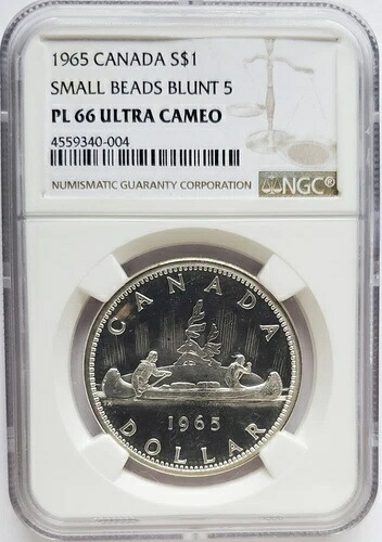 1965年カナダ シルバー 1ドル - 小さなビーズ - 鈍角 5 - NGC PL66 - ウルトラカメオ